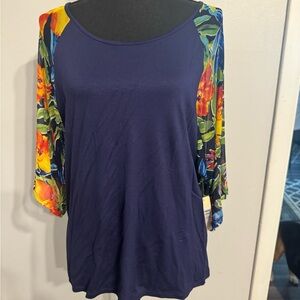 Navy top with long printed sleeves-M